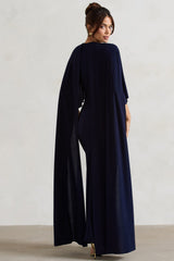 Padma | Navy Draped Maxi Dress With Cape Sleeves