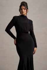 Carla | Black High-Neck Maxi Dress With Draped Hem