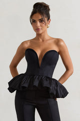 Huntley | Black Sweetheart Corset Top With Satin Puff Hem