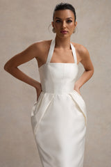 Cosetta | White Halter-Neck Midi Dress With Tulip Skirt