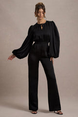 Suzanna | Black Satin Puff-Sleeve Wide-Leg Jumpsuit