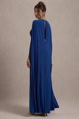 Aliza | Royal Blue Cape Maxi Dress With Gold Ring