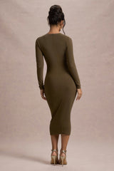Marcia | Khaki Bodycon Plunge-Neck Midi Dress