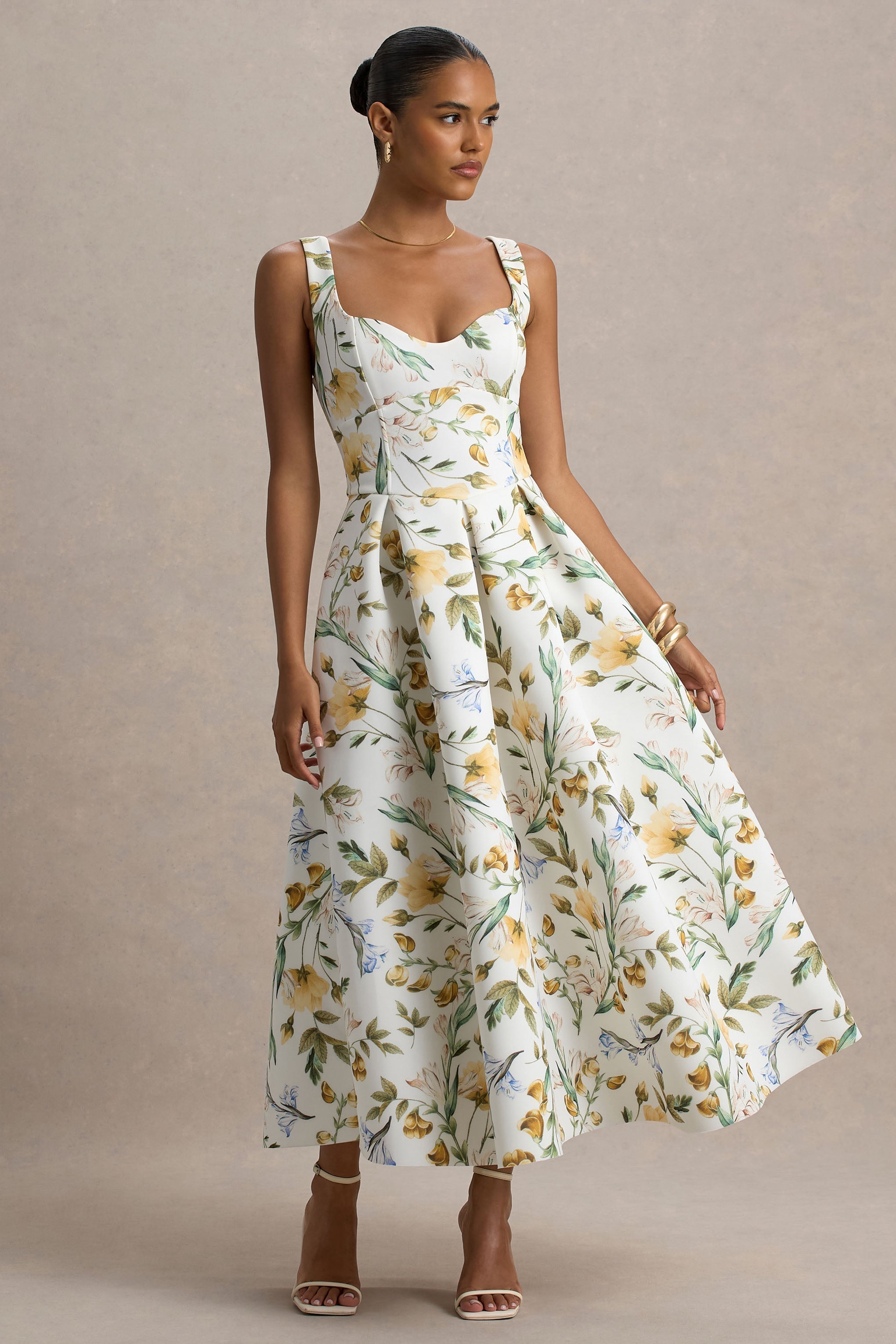 Rosemary | Floral Print Sweetheart Midi Dress With Drop Waist