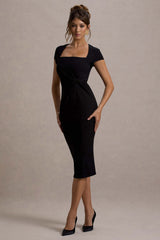 Lorenzie | Black Square-Neck Short-Sleeve Twist Midi Dress