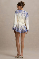 Nalla | Wisteria Print Linen Plunge-Neck Playsuit
