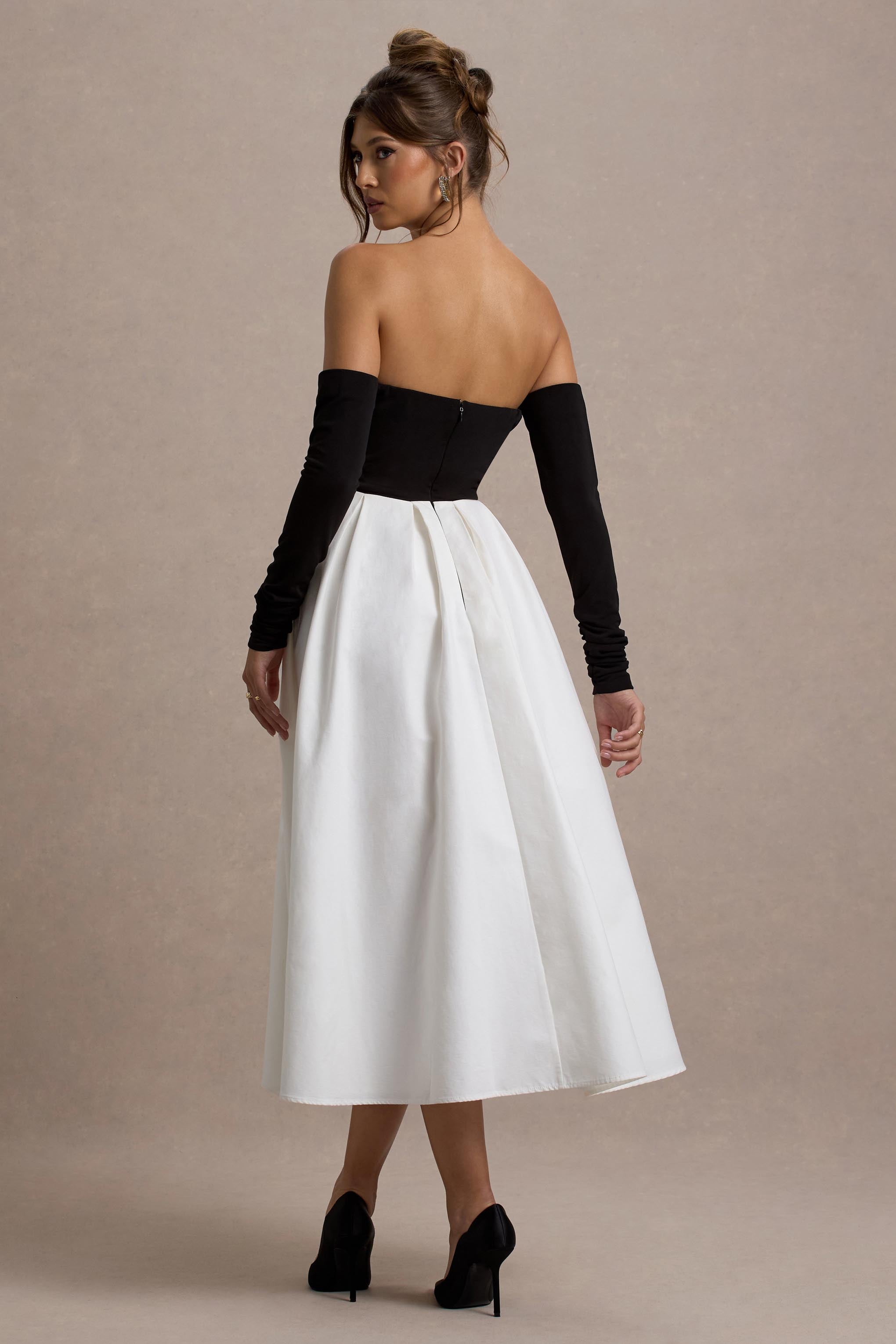 Solada | Black & Cream Bardot Pleated Midi Dress