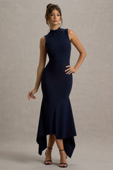 Janice | Navy High-Neck Hanky-Hem Maxi Dress
