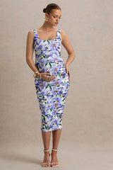 Lisbon | Purple Lily Print Maternity Square Neck Ruched Midi Dress