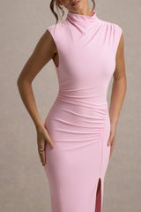 Lanetta | Pink Ruched High-Neck Maxi Dress With Split