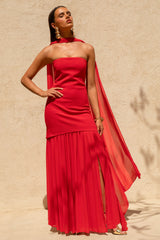 Kylie | Red High-Neck Maxi Dress With Chiffon Skirt