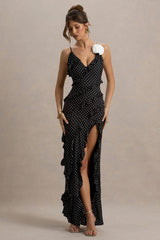 Annabelle | Black Polka Dot Ruffled Maxi Dress With Corsage