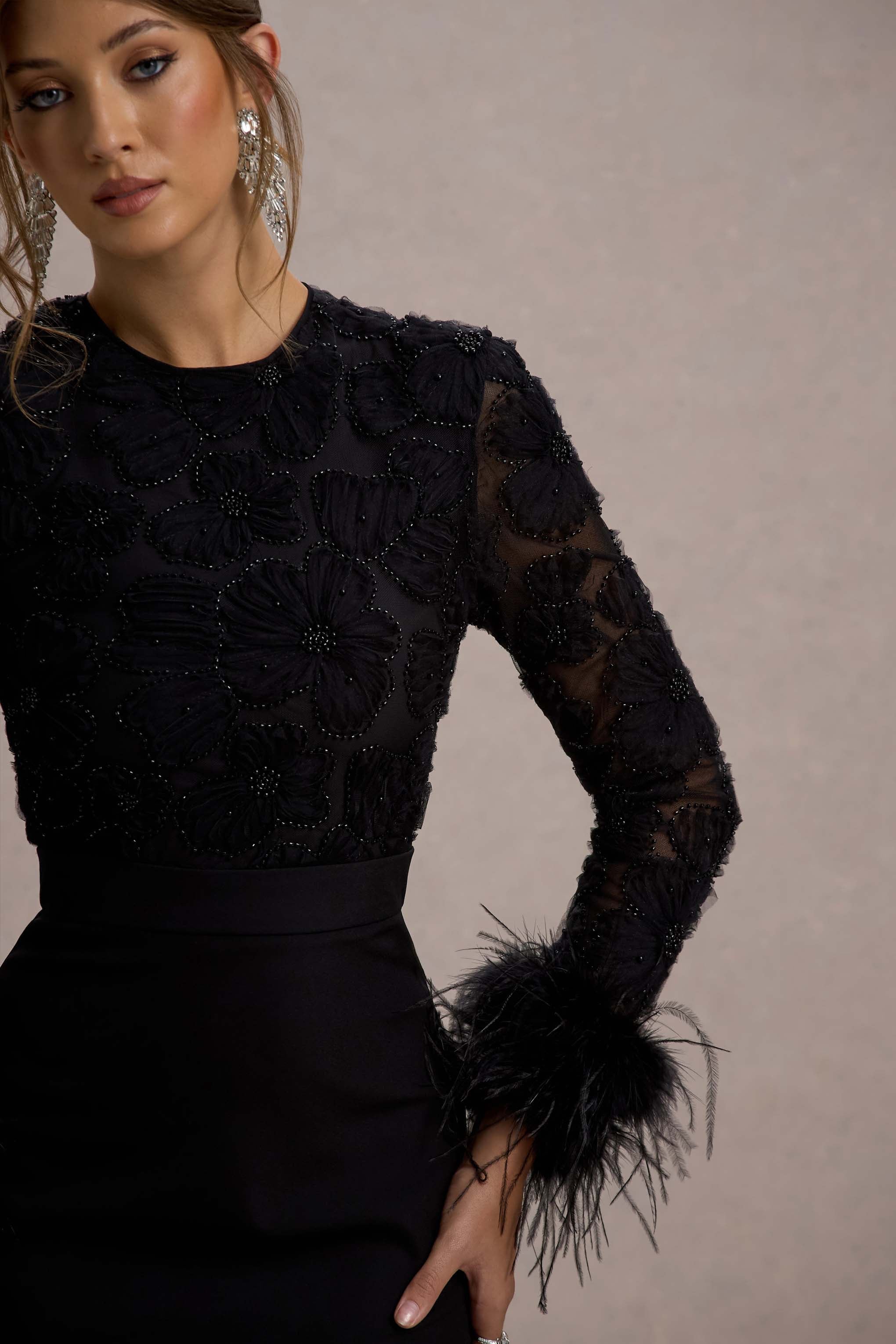 Charli | Black Mesh Long-Sleeve Feather-Trim Mini Dress