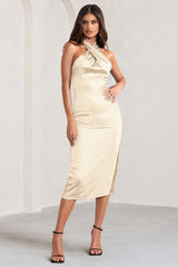 Dazzling | Champagne Satin Cross Over Halter Neck Midi Dress