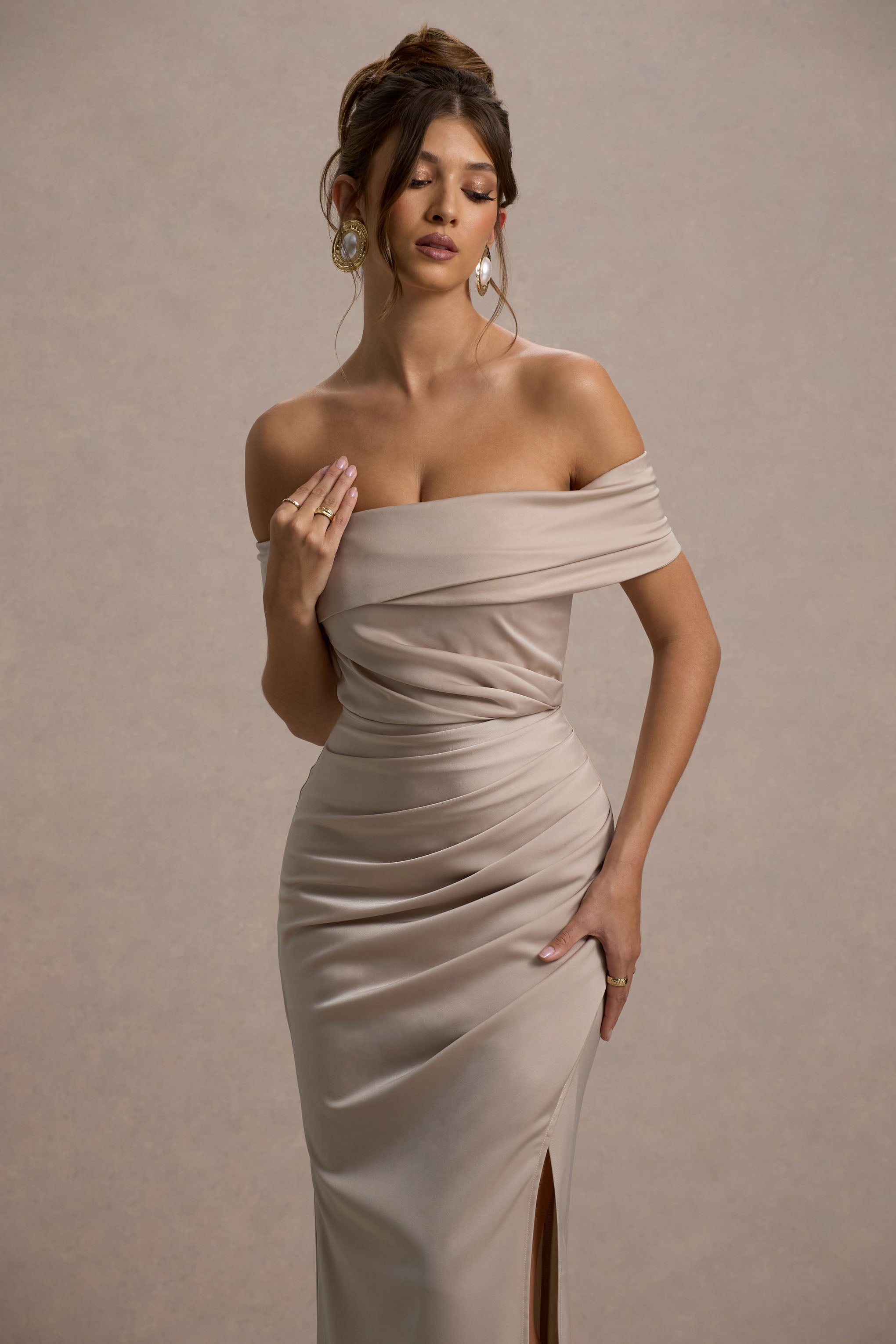 Martine | Champagne Satin Bardot Wrap Maxi Dress