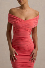 Unwrapped | Coral Ruched Twist Bardot Midi Dress