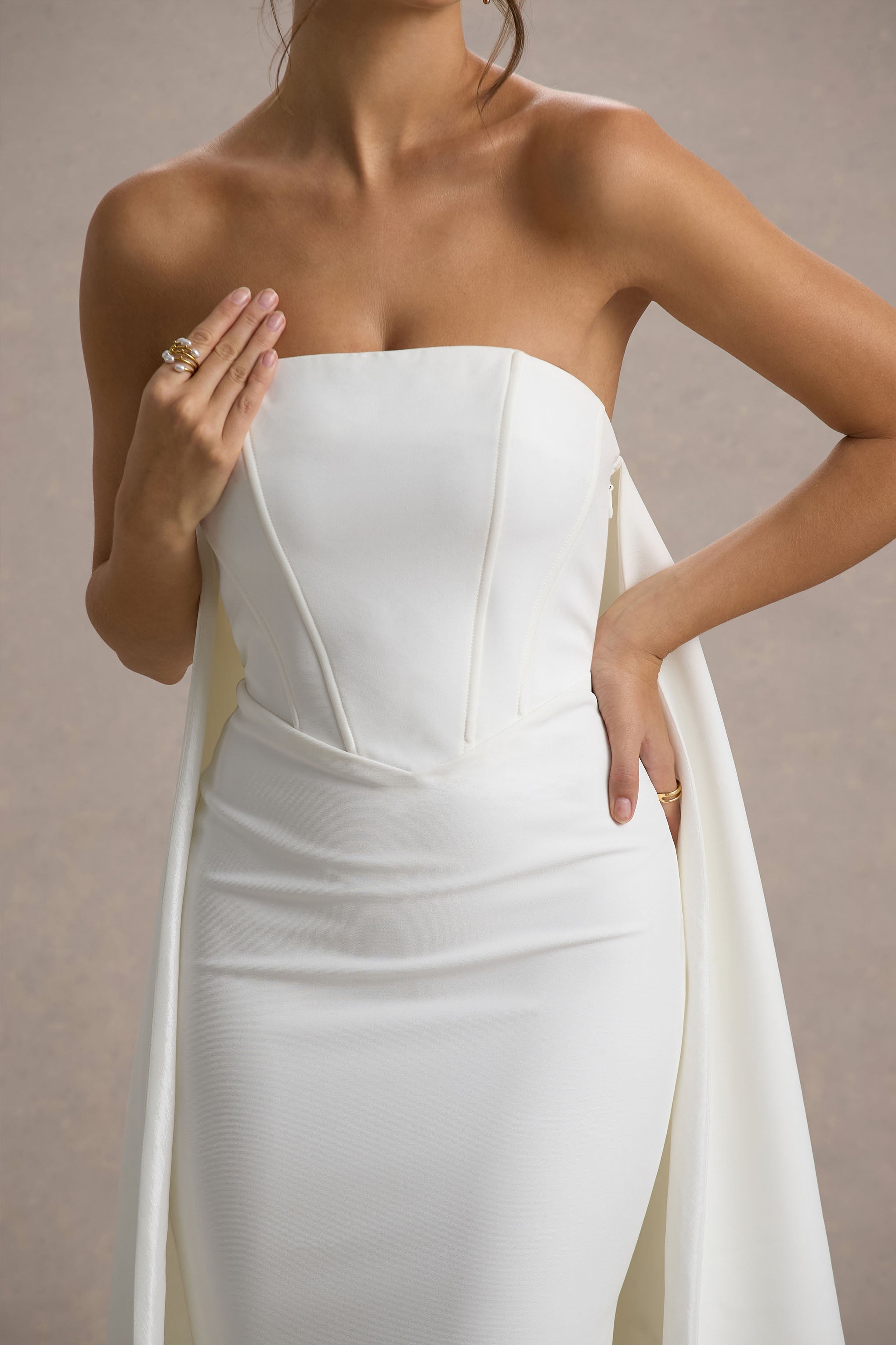 She's Trouble | White Bandeau Maxi Dress With Cape