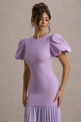 Cinzia | Lilac Puff-Sleeve Volume-Hem Midi Dress