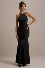 Frida | Black Satin Halter-Neck Backless Maxi Dress