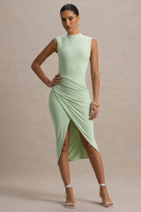 Estella | Light Green Midi Dress With Drape Skirt