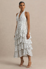 Violet | White Polka Dot Linen Midi Dress With Halter-Neck and Ruffled Skirt