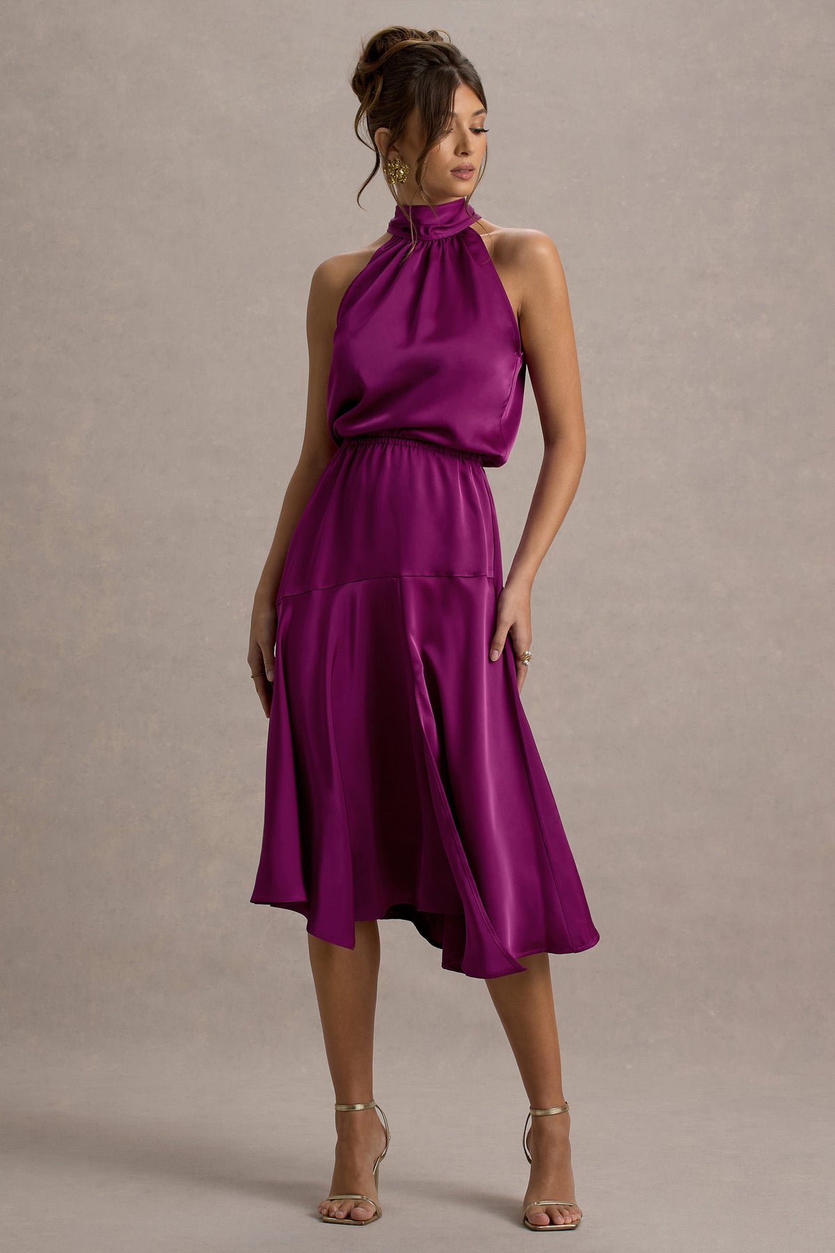 Palonia | Dark Pink Satin High-Neck Split Midi Dress