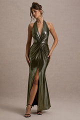 Carana | Gold Plunge-Neck Knotted Split Maxi Dress