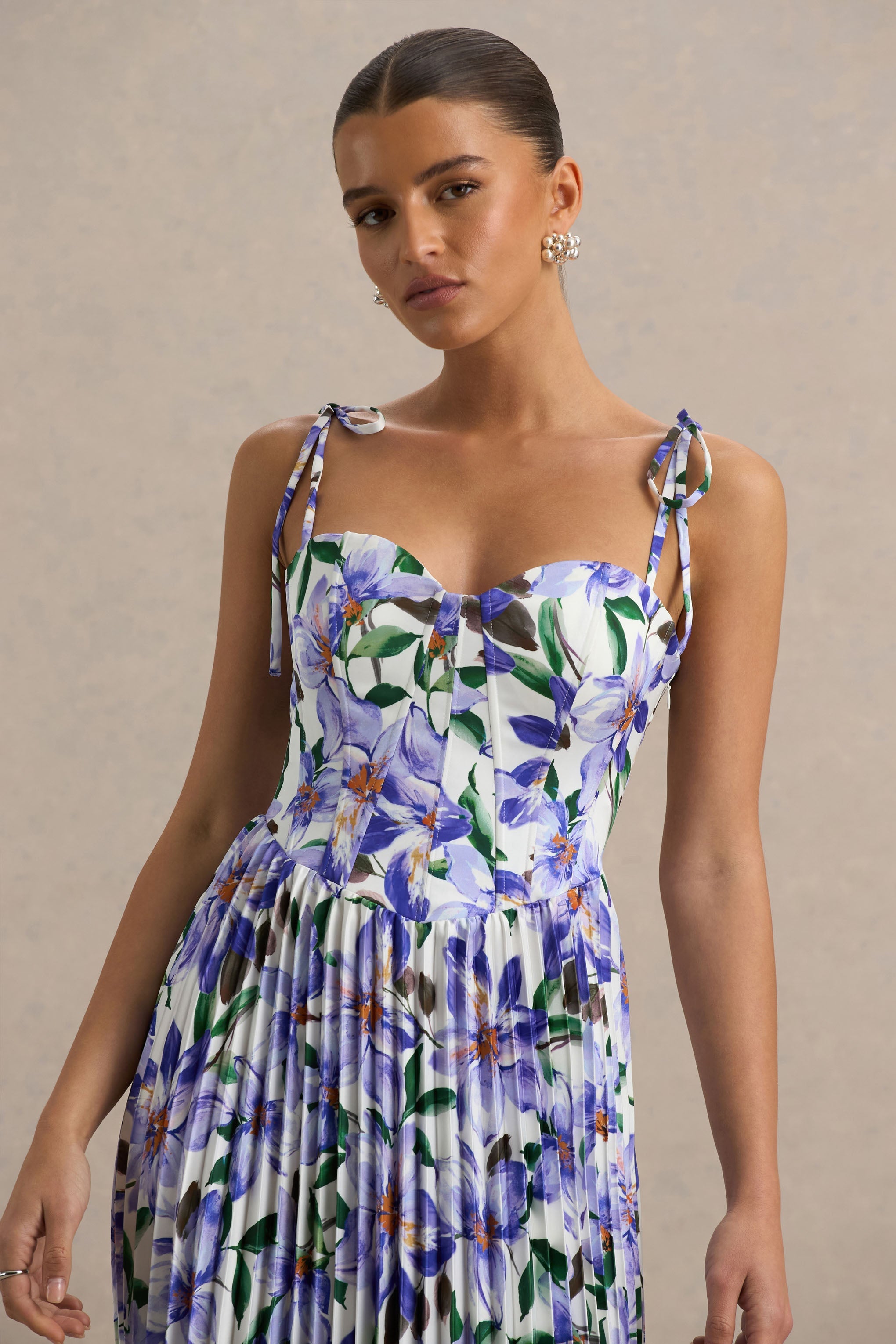 Peyton | Purple Lily Print Satin Sweetheart-Neck Midi Dress With Pleated Details