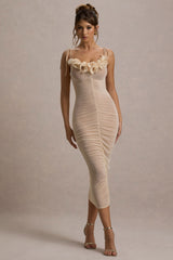 Jesi | Cream Mesh Ruched Midi Dress With Ruffles