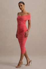 Unwrapped | Coral Ruched Twist Bardot Midi Dress