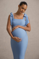Linnie | Powder Blue Square-Neck Maternity Midi Dress With Bow Straps