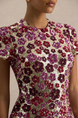 Eira | Pink Floral Sequin Crew-Neck Mini Dress