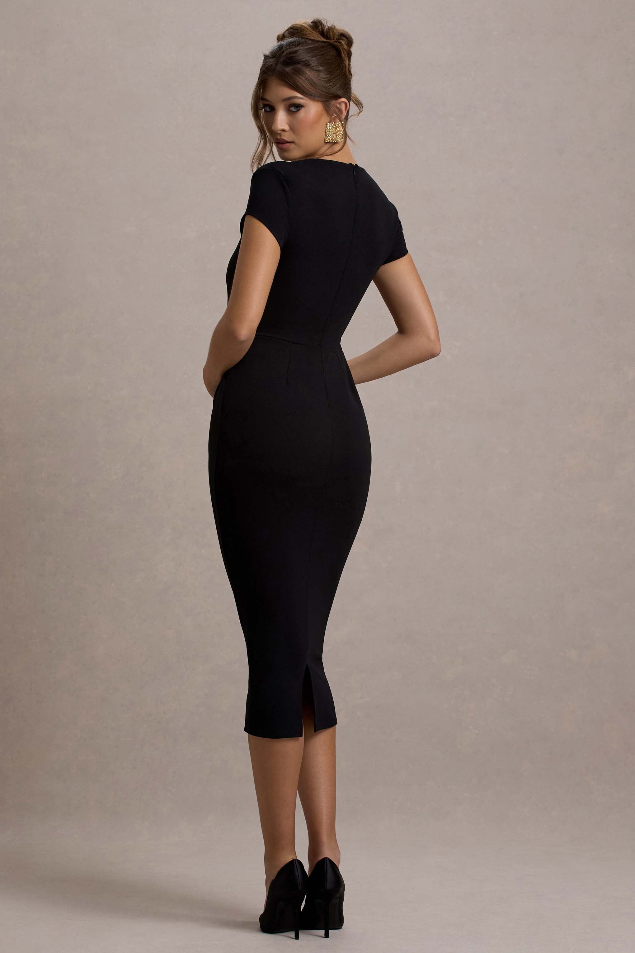 Lorenzie | Black Square-Neck Short-Sleeve Twist Midi Dress