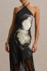 Dhalia | Black Floral Print Halter-Neck Fringe Maxi Dress