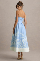 Annalise | Light Blue Floral Print Bandeau Skater Midi Dress