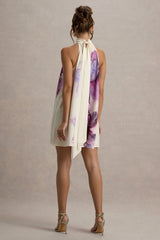 Maisie | Pink Floral Print High-Neck A-Line Mini Dress With Bow