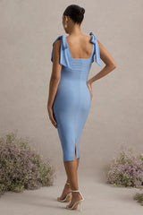 Linnie | Powder Blue Square-Neck Maternity Midi Dress With Bow Straps