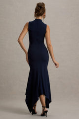 Janice | Navy High-Neck Hanky-Hem Maxi Dress